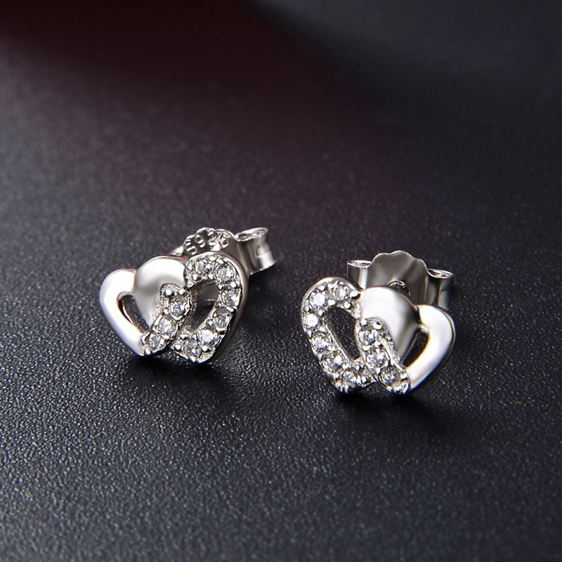 Pendientes de circonita con microincrustaciones de plata de ley 925, temperamento de lujo ligero femenino, doble amor, personalidad linda