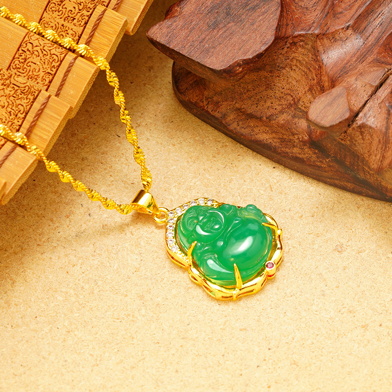 Smiley cara Maitreya Buda COLLAR COLGANTE nuevo con incrustaciones de Calcedonia Buda colgante hembra amuleto portátil colgante