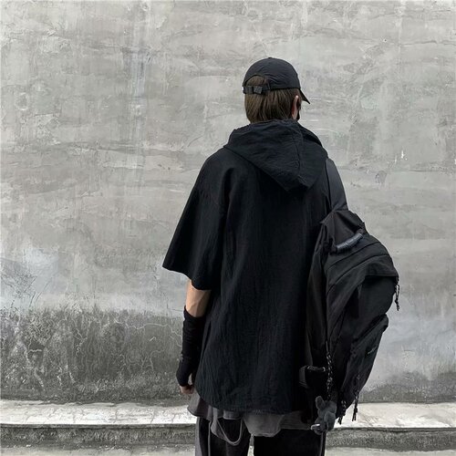 Japanese-style sun-protective clothing with multiple pockets, workwear-inspired short-sleeve T-shirt, Harajuku fashion, hooded pullover, half-sleeve overshirt, men's hoodie