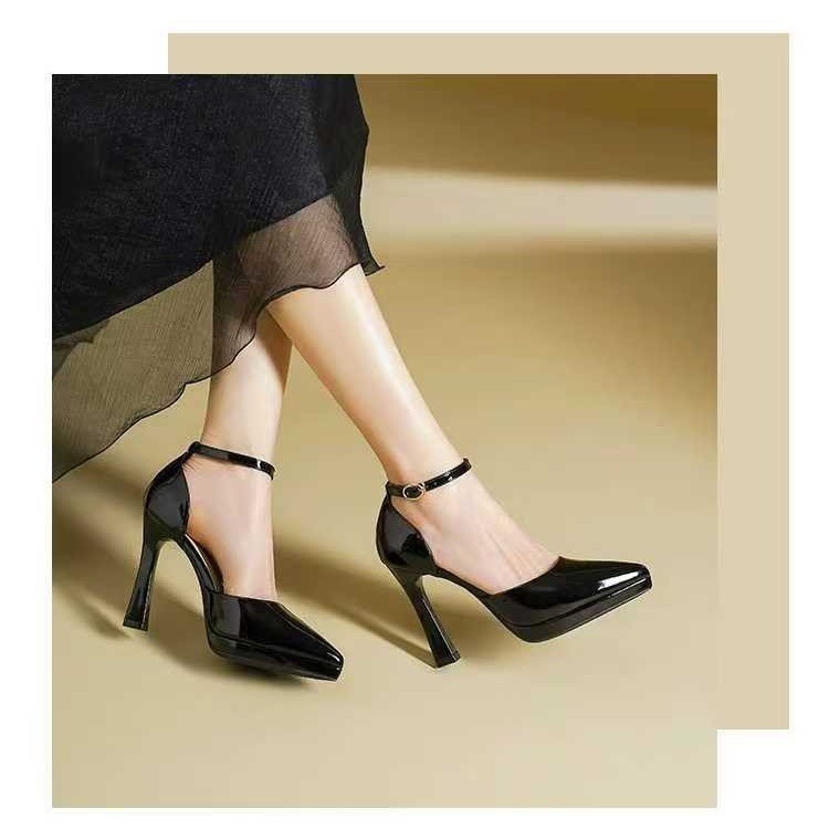 Waterproof Platform One-Strap Women's High Heels 2025 Summer New Pointed Black Single Shoes Sexy Elegant Sandals_vogvips.com