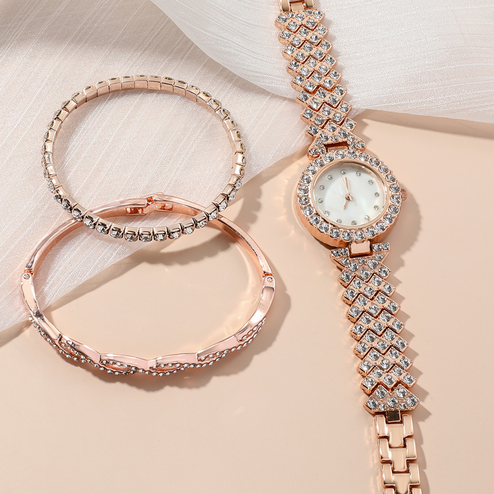 Reloj de cuarzo lleno de diamantes de las mujeres de moda coreana + pulsera de diamantes completa 3 unids/set