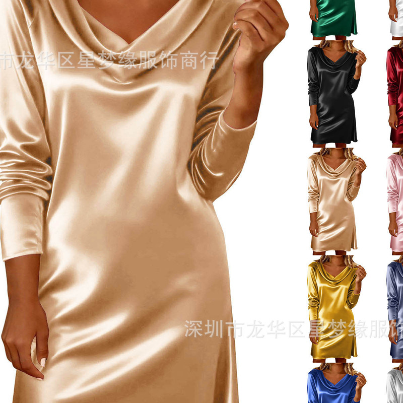 European and American Cross-Border Foreign Trade New Spring Style Elegant Mid-Length Long-Sleeved Swing Collar Dress for Women European and American Cross-Border Foreign Trade New Spring Style Elegant Mid-Length Long-Sleeved Swing Collar Dress for Women