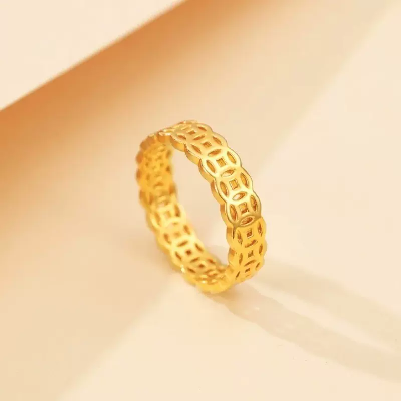 18k金铜钱戒指au750简约小众转运招财铜钱镂空款黄金指环水贝批发