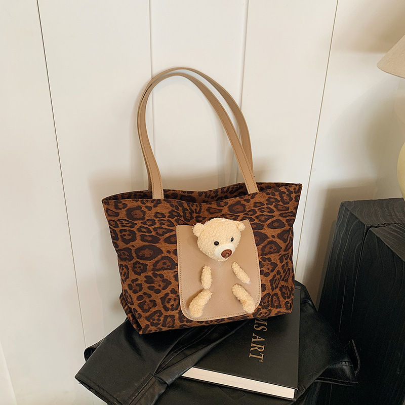Retro estampado de leopardo de gran capacidad bolsa de tela Tote otoño-invierno muñeca oso lindo viaje bolso de hombro bolso de moda