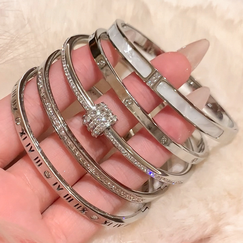 Silver Titanium Steel Bracelet Women's High-End Zircon Ring Bracelet Hand Jewelry Silver Bracelet Bracelet New Style