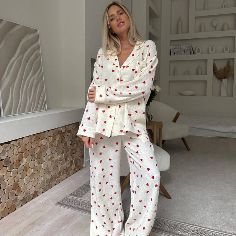 2026 Spring and Autumn New Style Heart Print Comfortable Long Sleeve and Long Pants Pajama Set Cross-Border Wholesale Women's Homewear 2026 Spring and Autumn New Style Heart Print Comfortable Long Sleeve and Long Pants Pajama Set Cross-Border Wholesale Women's Homewear