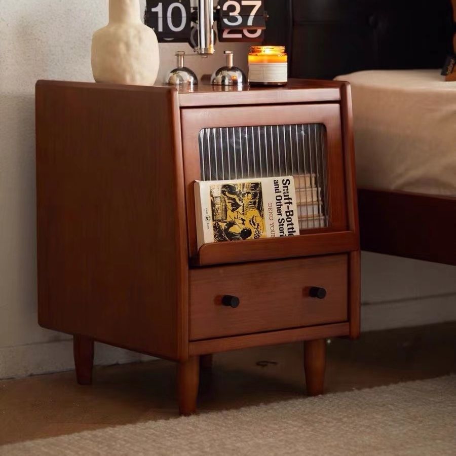 Popular Vintage Solid Wood Lattice Door Bedside Table with Natural Wood Grain, Thin Legs, Single Drawer, Magazine Rack, Suitable for Guesthouses, Home Use, Bedroom Storage