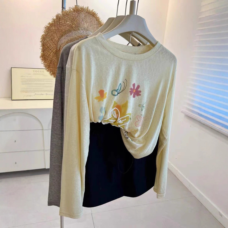 Extra Large Size 120kg Drapey Cool Sun-Protective Cover-Up Floral Snowflake Cotton Long-Sleeve T-Shirt for Women, Age-Reducing, Round Neck, Loose Fit Extra Large Size 120kg Drapey Cool Sun-Protective Cover-Up Floral Snowflake Cotton Long-Sleeve T-Shirt for Women, Age-Reducing, Round Neck, Loose Fit