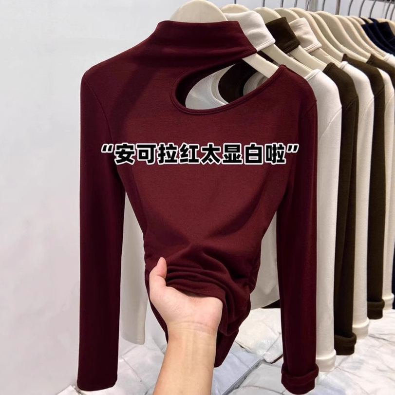 Pure Desire Hollow-Out Half-High Collar Base Shirt for Women, Suitable for Spring, Autumn, and Winter, Petite Slim-Fit Inner Wear with Long-Sleeve T-Shirt Top Trendy