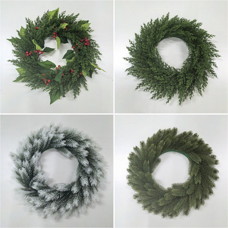Simulated Christmas Wreath for Front Door, Home Interior Wall Decoration, Artificial Flower Wreath Ornament, Green and White Pine Needle Wreath