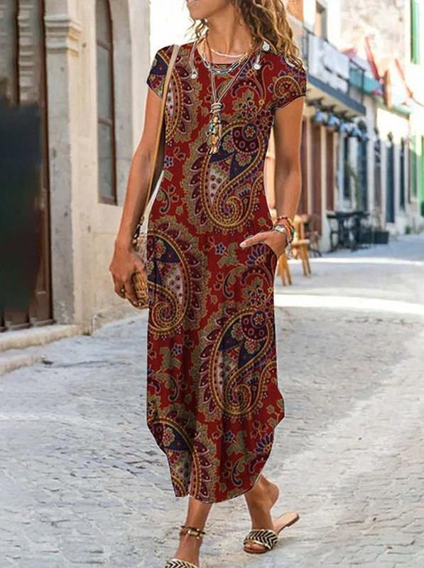 Daily Occasion Round Neck Neckline Women's Regular Dress Casual Round Neck Printing Pocket Short Sleeve Printing Ditsy Floral Maxi Long Dress Daily
