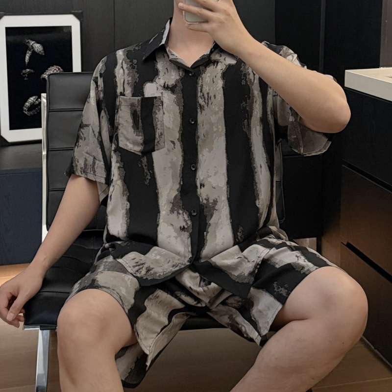 Men's Summer Thin Cotton Silk Pajama Set with Short Sleeves and Shorts, Printed, Comfortable, Casual Striped Loungewear Men's Summer Thin Cotton Silk Pajama Set with Short Sleeves and Shorts, Printed, Comfortable, Casual Striped Loungewear