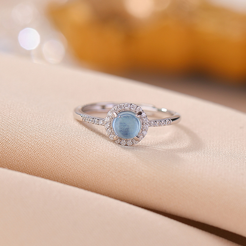 Nhẫn bạc S925 đính đá aquamarine hình học tròn lấp lánh — một mảnh