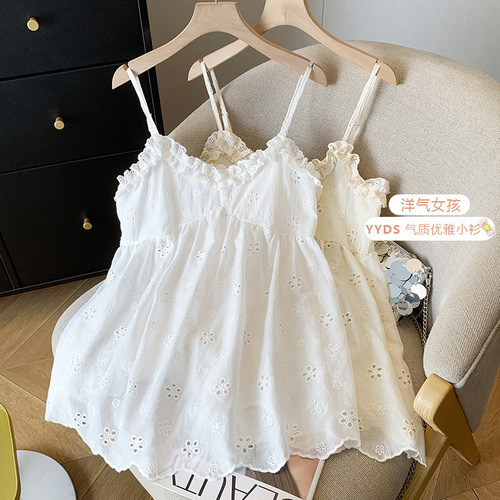 Lose weight large size 300 pounds design sense lace edge spaghetti strap top women summer niche matchy matchy sweet tunic