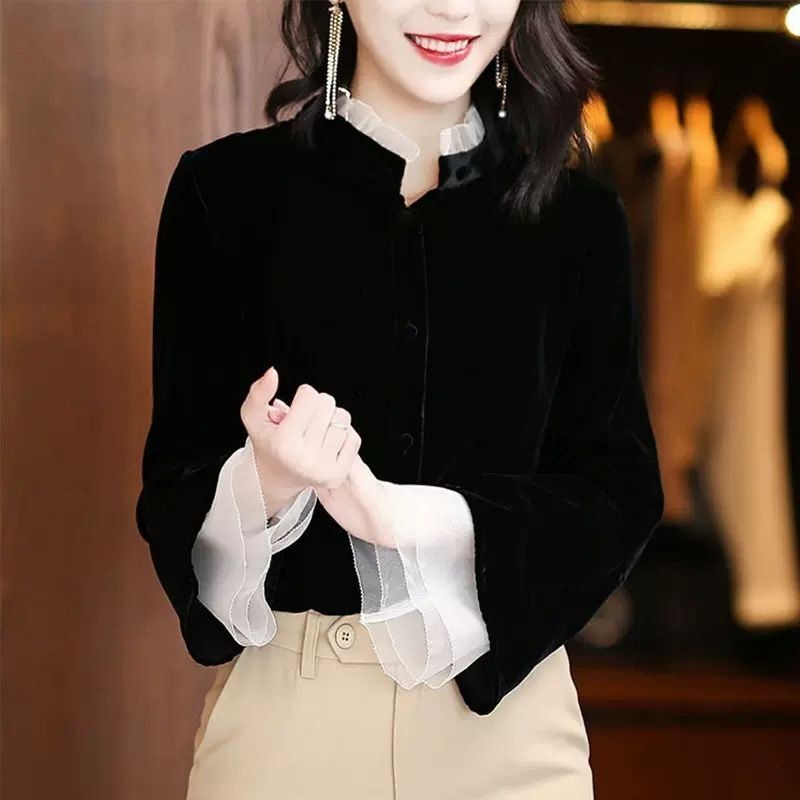 French-Style Stand-Collar Shirt, Autumn New Design, Niche Lantern Sleeves, Stylish Velvet Top for Women, 2025 Versatile