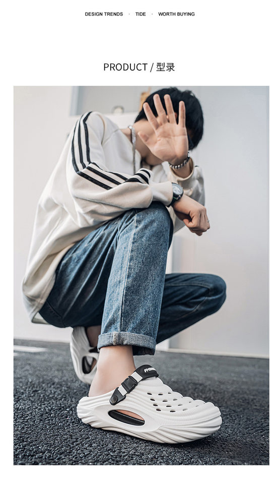Dép lỗ nam kiểu Crocs mùa hè chống trượt, mũi tròn bảo vệ, đi biển và lái xe — Trắng, màu xanh nhạt, đen chi tiết 9