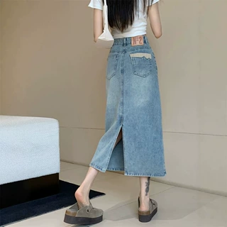 2026新款夏季高腰a字牛仔裙女大码胖mm显瘦中长款开叉包臀半身裙.