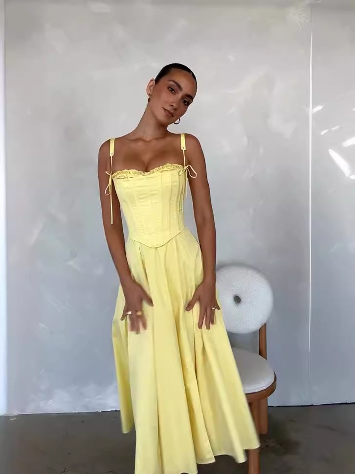 Women's Summer Elegant High-Waisted Dress Two-Piece Set Strapless Top With Slit Casual Fashionable Lanon Thickened Regular Size_ecoleips.com