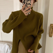高领毛衣女韩版春秋季加厚长袖上衣设计感小众复古开叉内搭针织衫