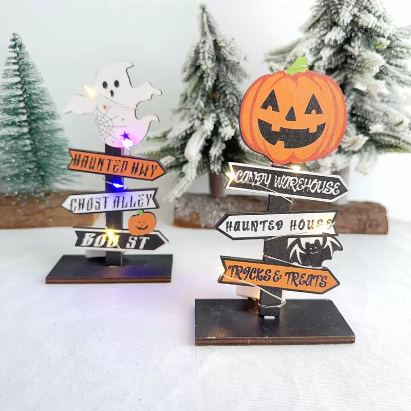 LT跨境万圣节派对节日木质装饰品万圣节鬼节南瓜幽灵带灯树形摆件