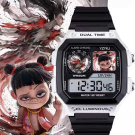 儿童小方块防水哪吒魔童周边电影带电子闹钟手表初中生闹海