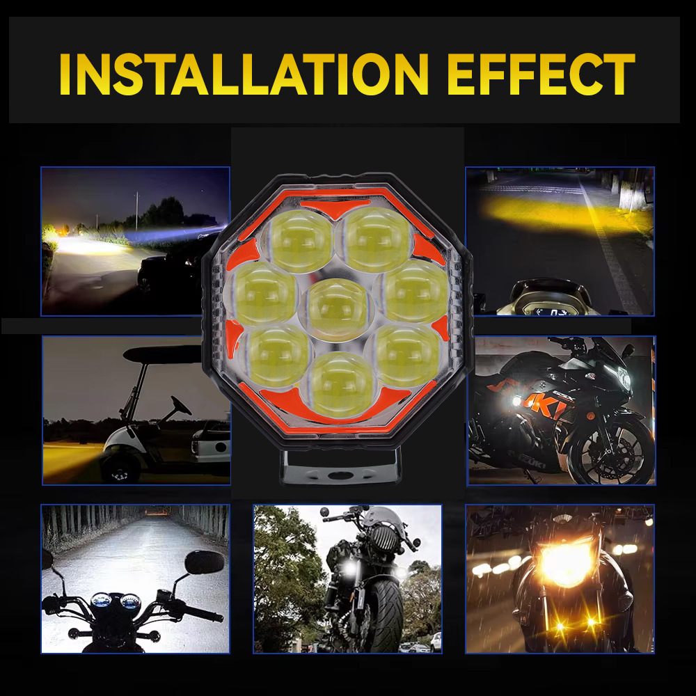 Customized Led Motorcycle Spotlights, Octagonal Spotlights, Dual-Color External Headlights, High-Brightness Electric Vehicle Lights