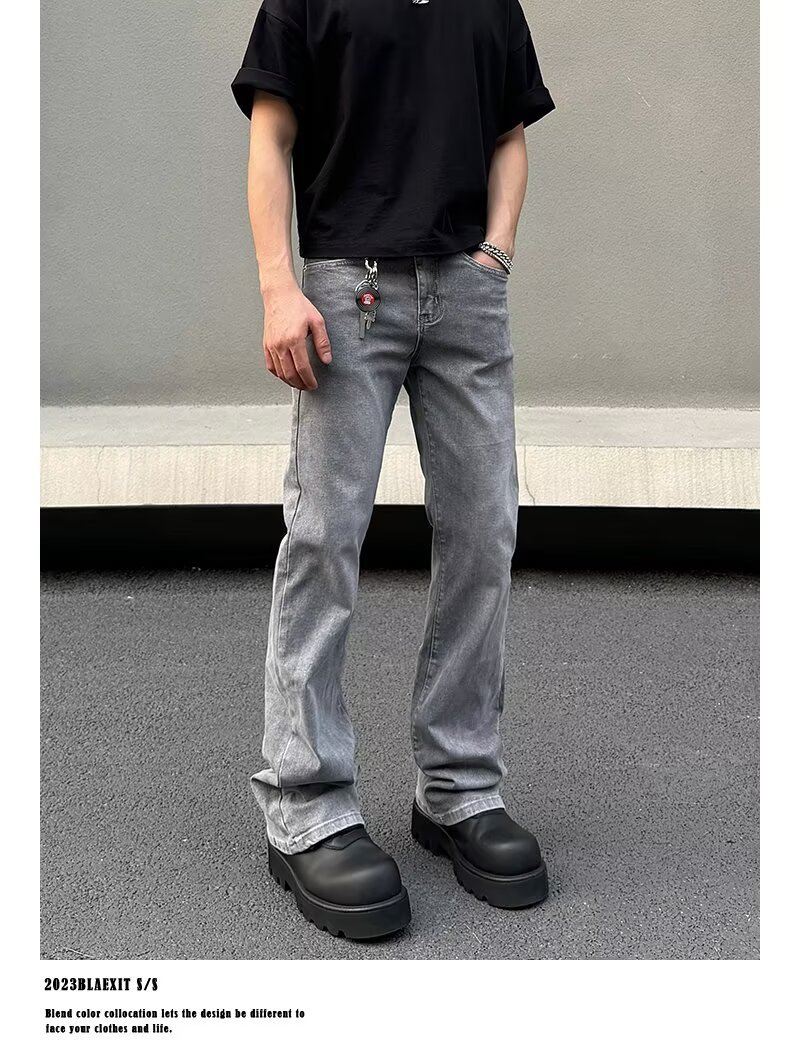 Men's Gray American Streetwear Vintage Wash Flared Jeans, Relaxed Fit Bootcut Denim Pants With Distressed Details For Urban Fashion_mkmklike.com