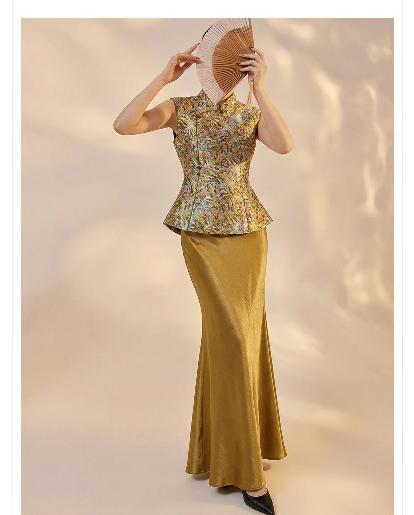 Set áo gi-lê không tay cổ đứng + chân váy midi jacquard phong cách Trung Quốc mùa hè — Màu xanh lá cây nửa váy, vàng nửa váy, Áo khoác xanh chi tiết 10
