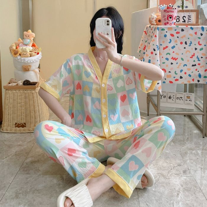 Venta al por mayor transfronteriza de dopamina plaid dulce amor nube pijamas de algodón verano para mujer nuevo estilo pantalones de manga corta servicio a domicilio