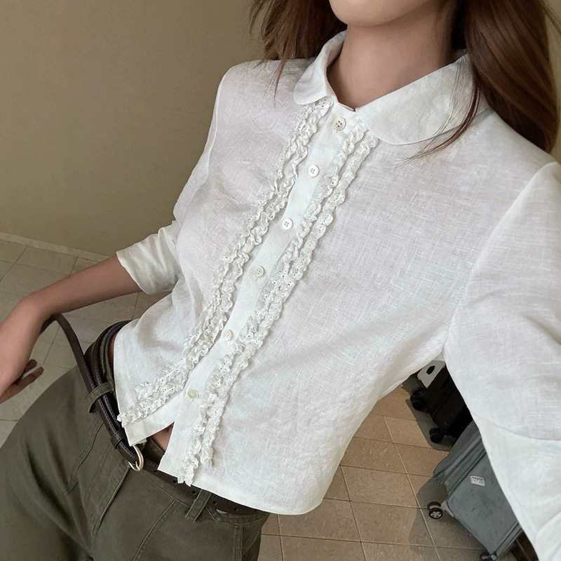 Xzchic School H Shirt/100% Linen Age-Defying Lace Trim Blouse for Women with Three-Quarter Sleeves and Turn-Down Collar Short Shirt