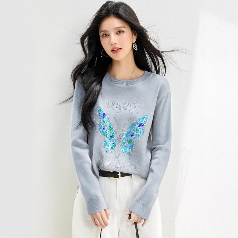 G6536跨境女装早秋新款蝴蝶刺绣针织套头衫女博主修身打底上衣|undefined