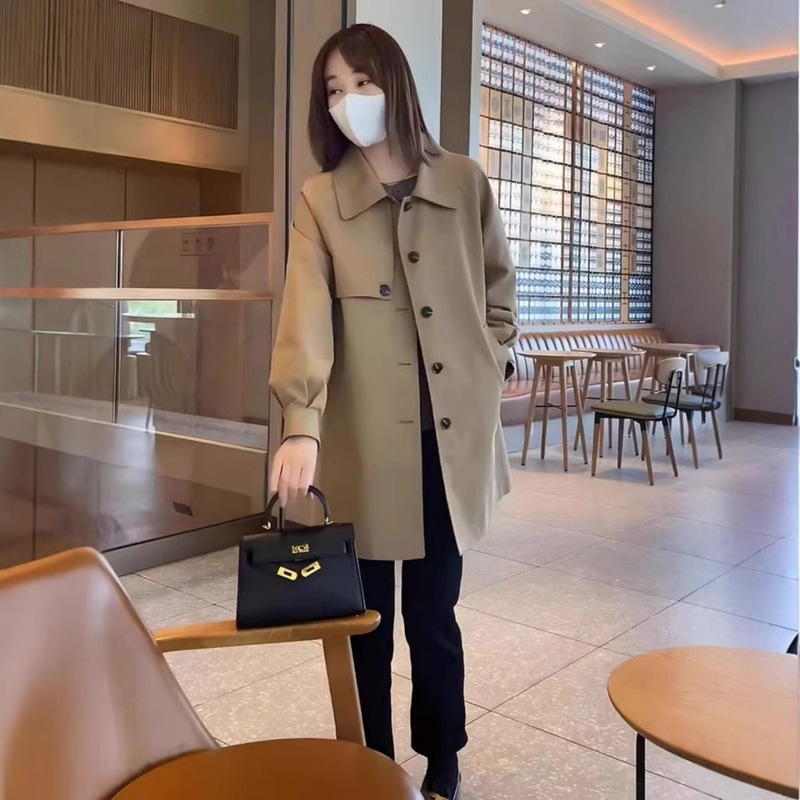 High-End Puff Sleeve Mid-Length Windbreaker for Women Spring and Autum New Korean Style Loose Elegant Khaki Outwear Jacket