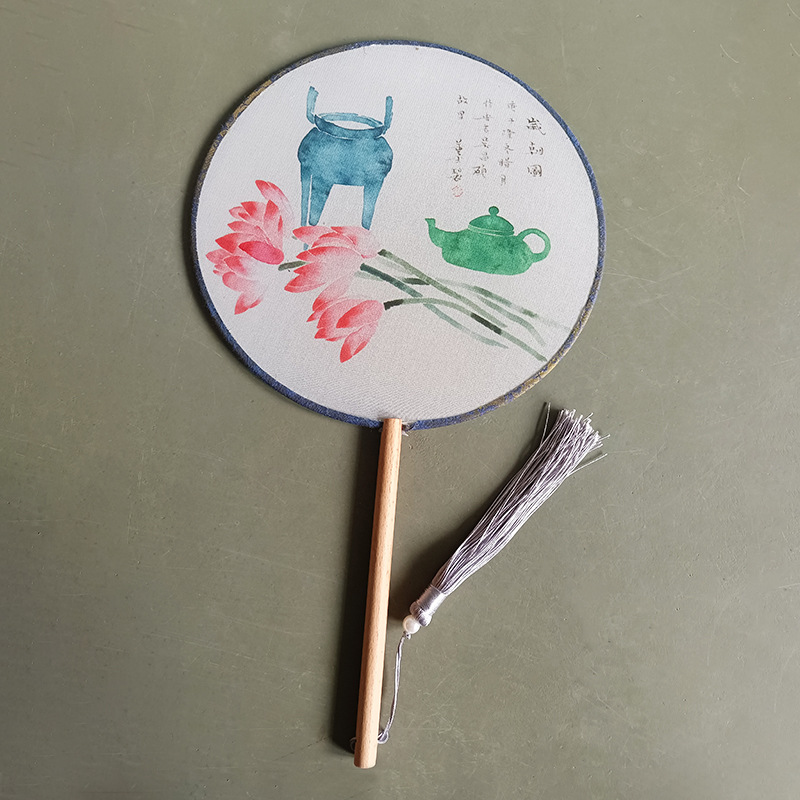 Ventilador redondo de estilo antiguo ventilador de doble cara de mango largo danza ventilador publicitario traje antiguo Hanfu cheongsam ventilador redondo de estilo chino ventilador de palacio al por mayor