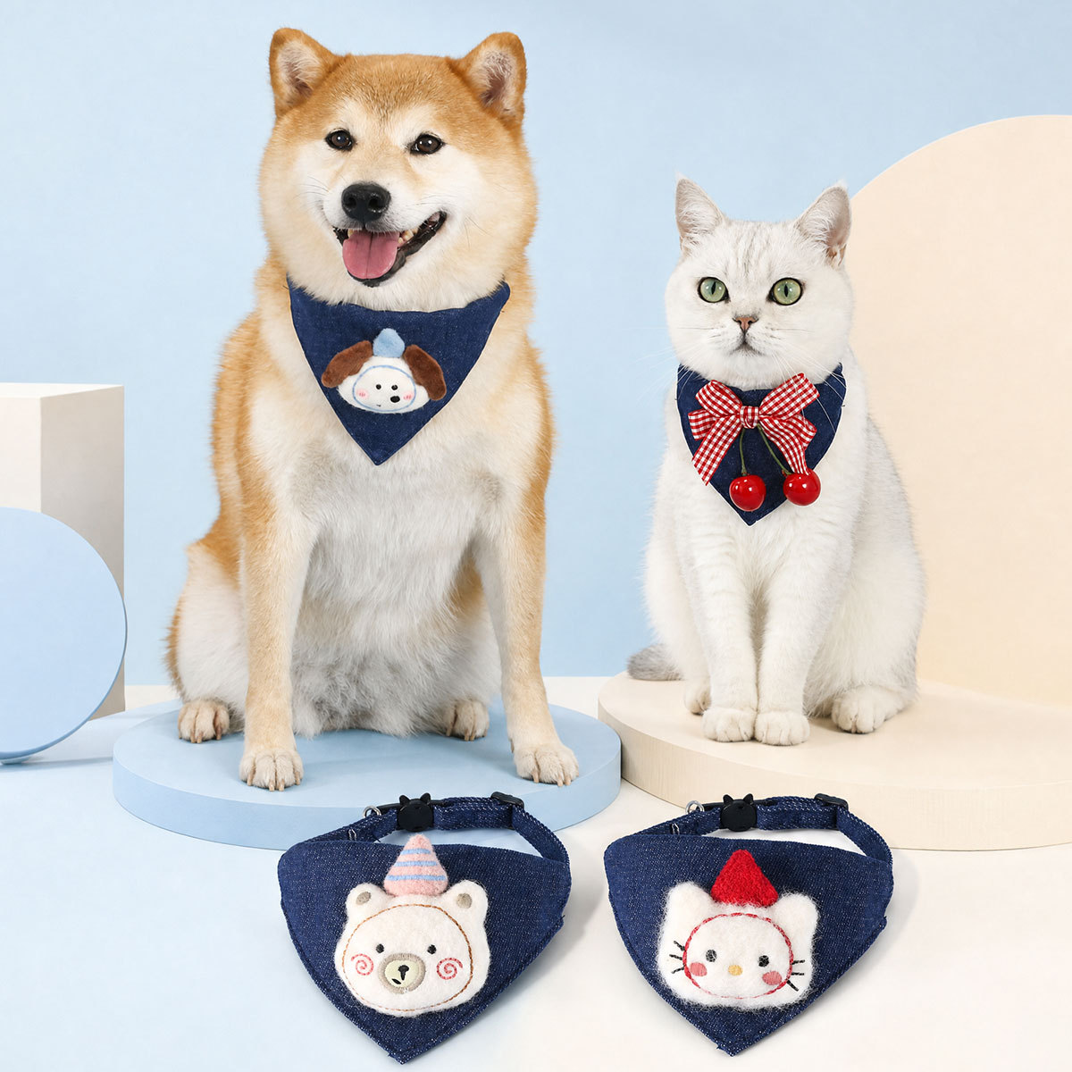 Mascotas lindas toallas de vaqueros toallas de saliva toallas de cereza osos gatitos perros felinos muñecas collar delento