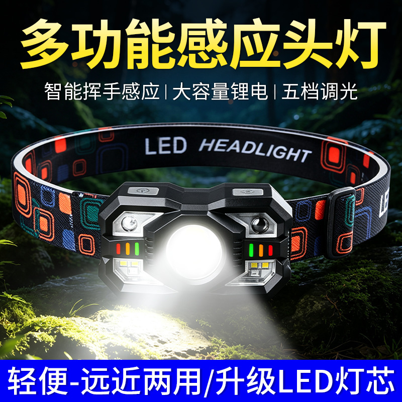 New smart sensor headlamp, featuring three light sources, multiple functions, long battery life, and portability, ideal for outdoor emergencies and fishing
