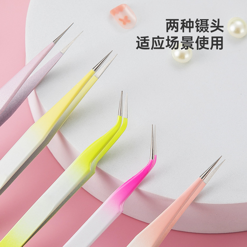 彩色双色不锈钢嫁接睫毛镊子 美睫师专用开花套装工具金羽夹子