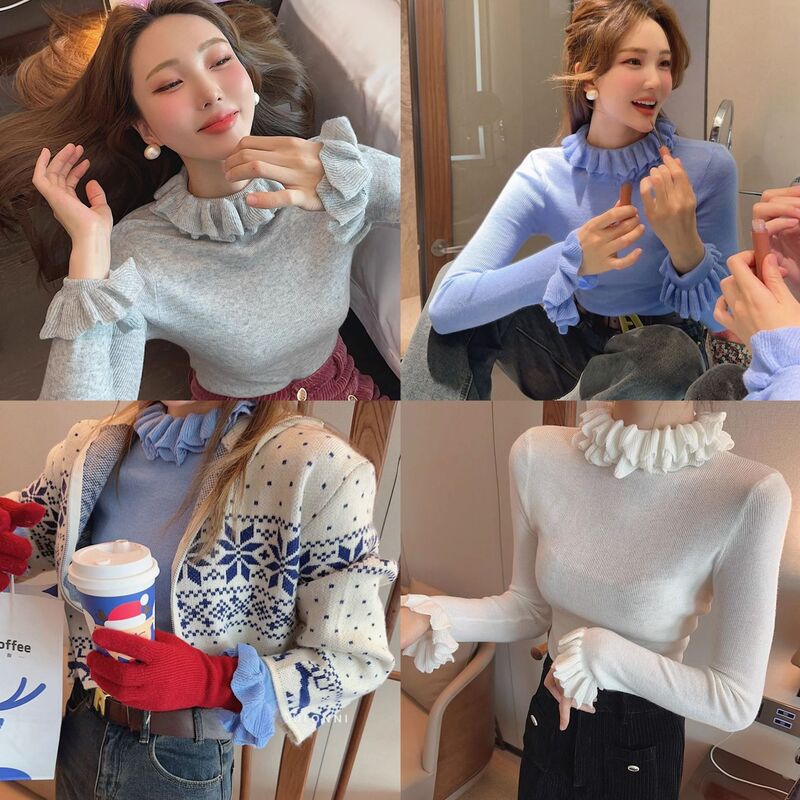 Born female owner 2024 autumn and winter South Korea multi-color gentle lotus leaf collar sweater slimming high-end inner base shirt Born female owner 2024 autumn and winter South Korea multi-color gentle lotus leaf collar sweater slimming high-end inner base shirt