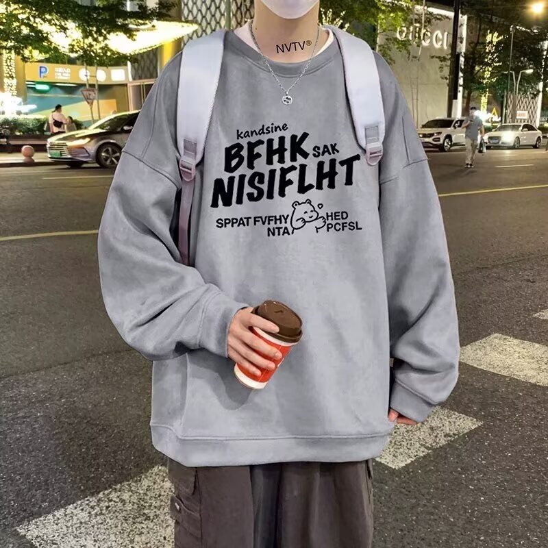 New Hong Kong Style Suede Crewneck Sweat Men's Spring and Autumn Long Sleeve Sweat Men's and Women's Youth Casual All-match Sweat Trendy New Hong Kong Style Suede Crewneck Sweat Men's Spring and Autumn Long Sleeve Sweat Men's and Women's Youth Casual All-match Sweat Trendy