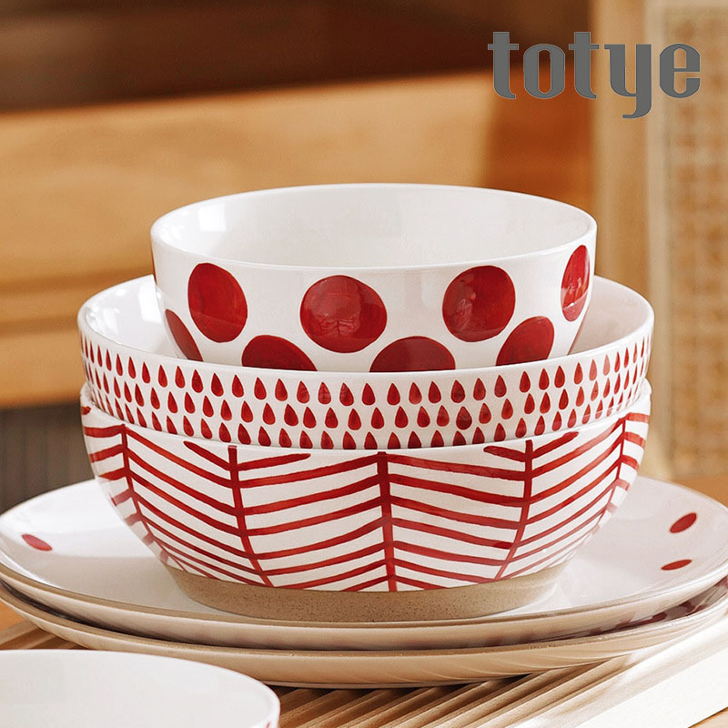 Original Red Hand-painted Polka Dot Instagram Style Japanese Style Crude Pottery Internet Celebrity Ceramic Bowl Household Large Bowl Noodle Soup Bowl Rice Bowl