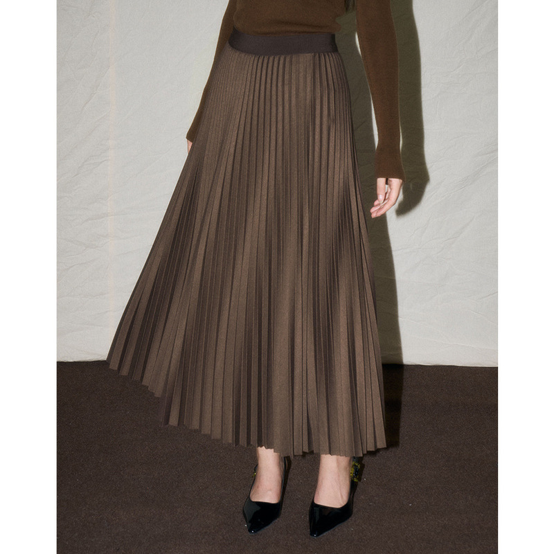 【Shengdu】26 Spring New French Retro Classic Melard Series Coffee-Colored Knitted Pleated High-Waisted Skirt