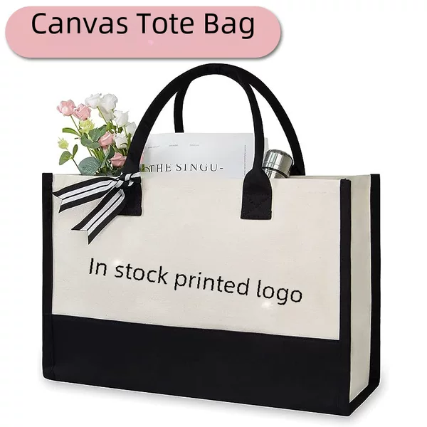 Portable Canvas Tote Bag with Custom Logo, Large-Capacity Shopping Bag, Cross-Border Ready-Made Plus Printed Letter Tote Bag Customization
