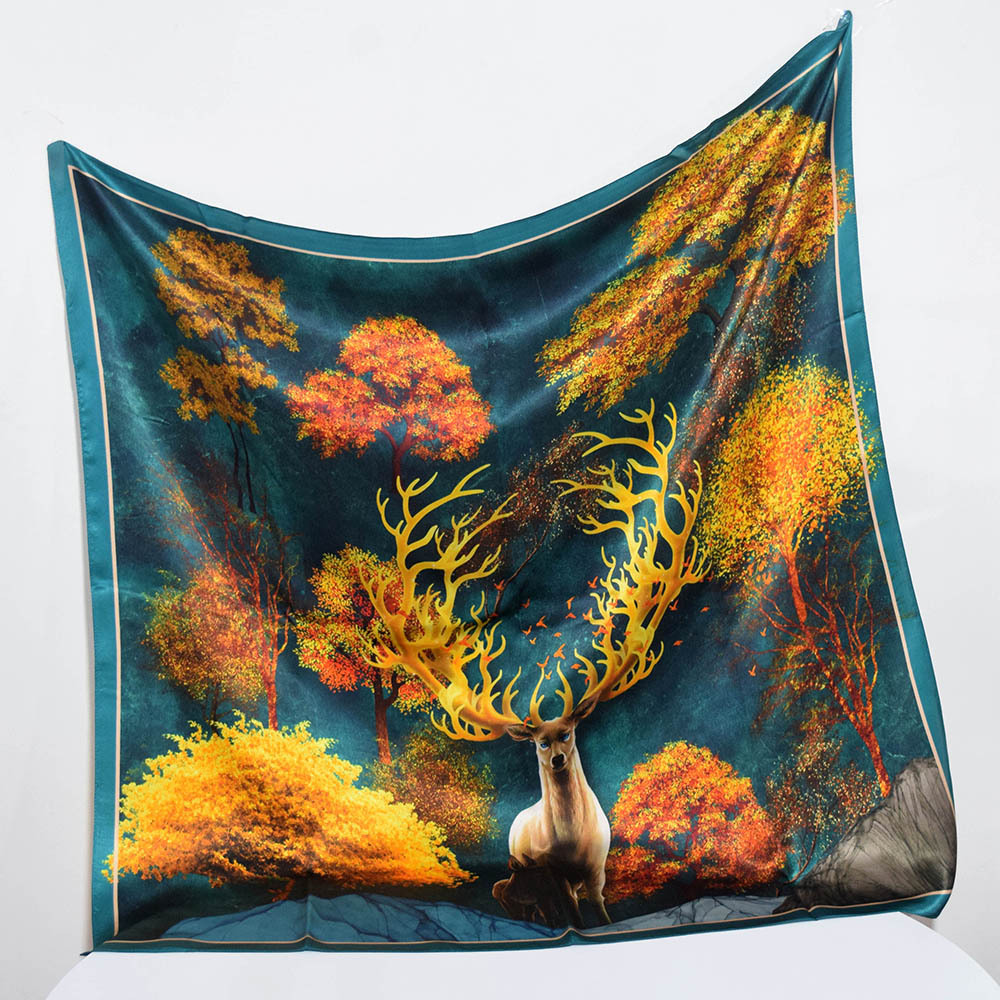 90CM真丝大方巾 12姆米素绉缎面围巾小众森系墨绿印花100桑蚕丝巾|ms