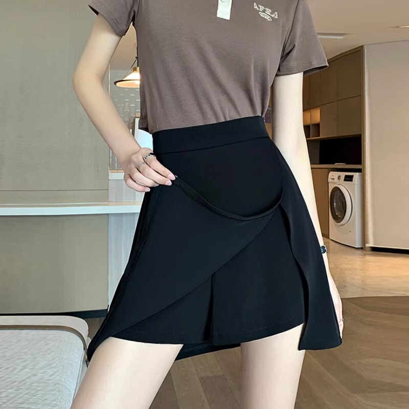 黑色开叉短裙女夏季薄高腰显瘦胖mm大a字防走光休闲半身裙潮|undefined