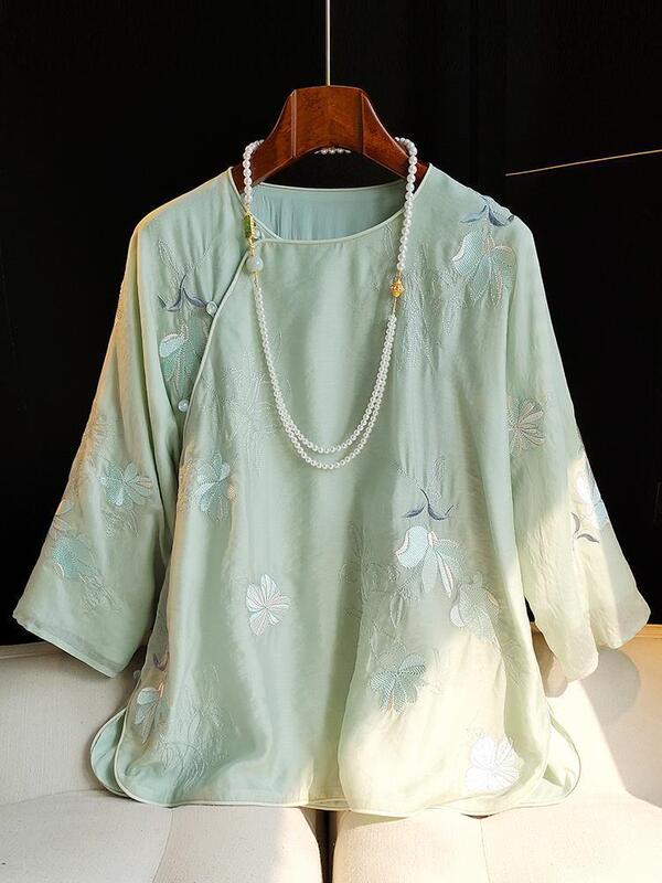 Chinese Style Round Neck Embroidered Top for Women 2023 Summer New Style Retro Oblique Placket Disc Button Casual National Trend Shirt Loose
