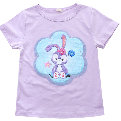 Children's summer clothing new style girls double-sided color-changing sequined short-sleeved T-shirt cross-border foreign trade manufacturer