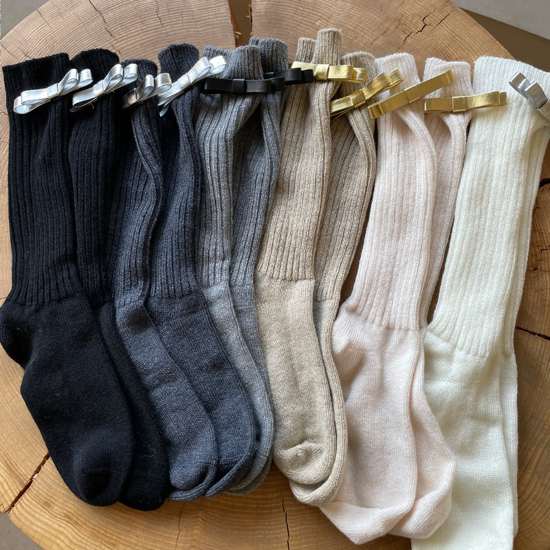 Korean style ins simple PU leather bow wool pile socks thickened warm mid-calf socks autumn and winter