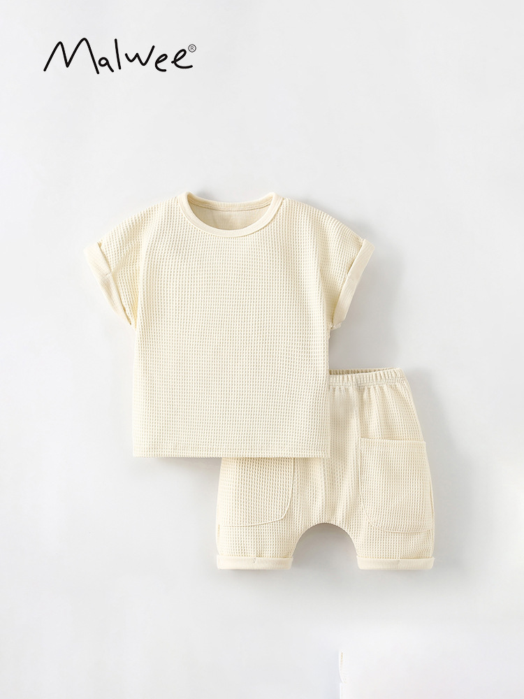 Malwee set de niños de verano nuevo estilo europeo y americano para niños de mediana edad cuello redondo casual mangas cortas pantalones de cintura elástica dos piezas set