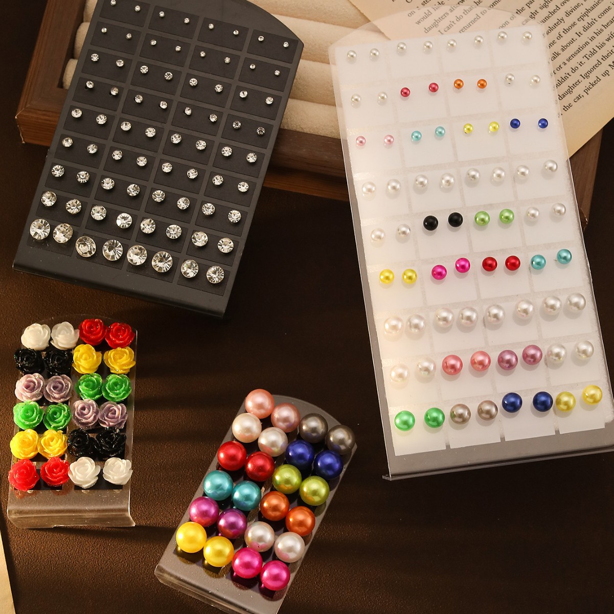 Cross-border Hot Sale Multi Pair Color Pearl Rose Rhinestone Earrings Mixed Fashion suit Earrings Simple All-match Earrings