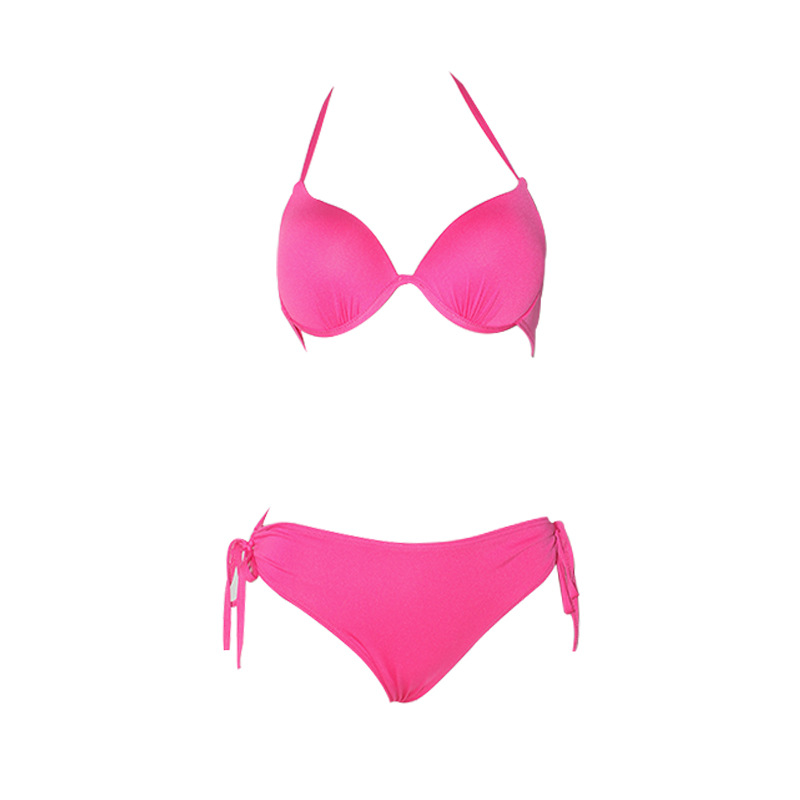 Traje de baño bikini dividido de dos piezas para mujer, color sólido con soporte de acero, pecho grande y pequeño, traje de baño de vacaciones de chicas calientes de tres puntos