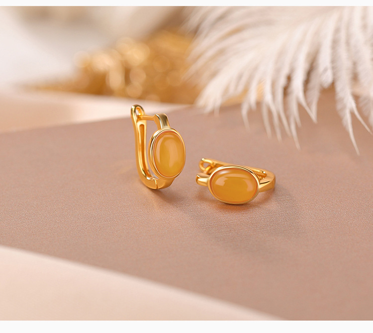 Bông tai kẹp bạc S925 mạ vàng đính ngọc bích hình trứng phong cách sang trọng — Kiểu ngọc bích chi tiết 4